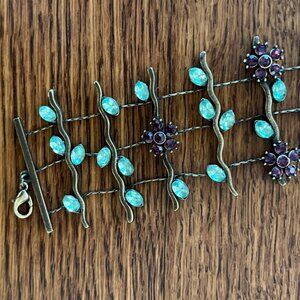EUC Very Pretty Vintage Bracelet - Brass+Green&Purple Crystals - 1930s Feel-OOAK